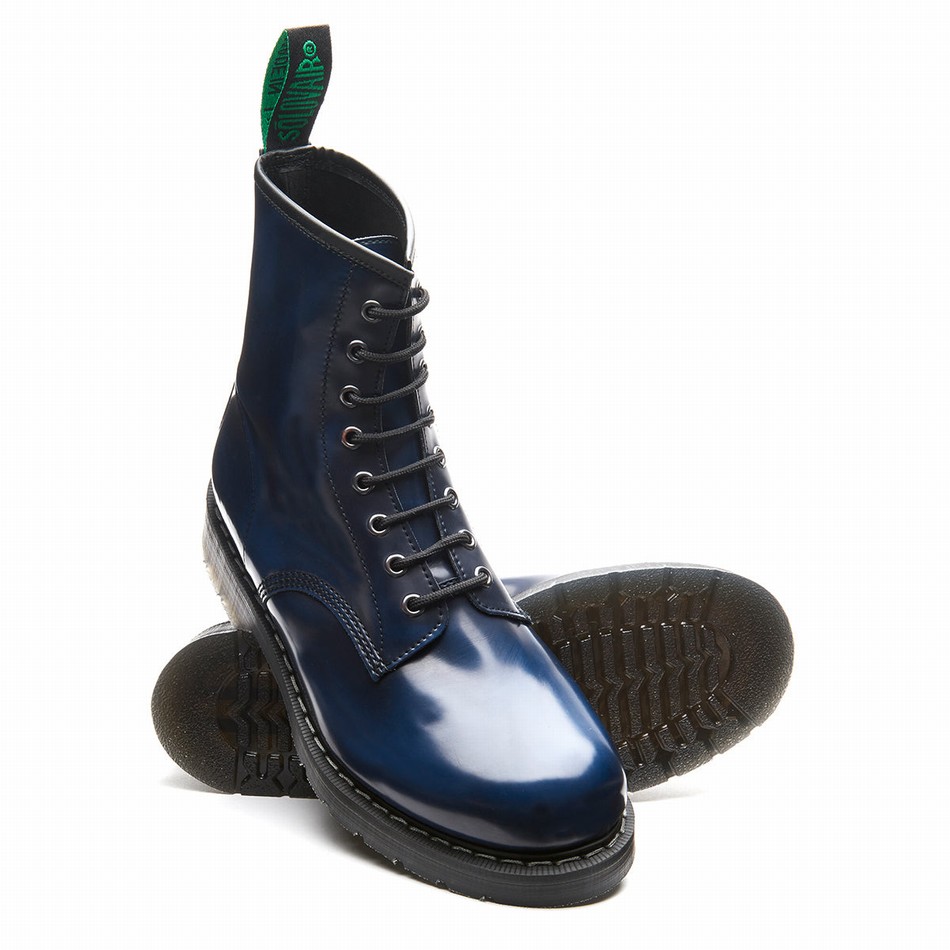 Women Solovair Rub-Off Vegan 8 Eye Derby Boots Navy | VS8-551-NV-RO-VEG-G-030