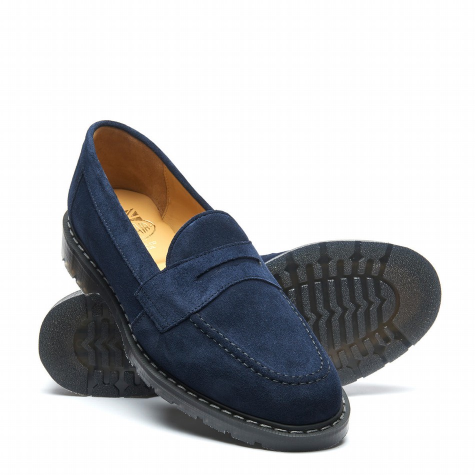 Women Solovair Suede Penny Loafers Navy | S0-970-BL-SUE-G-040