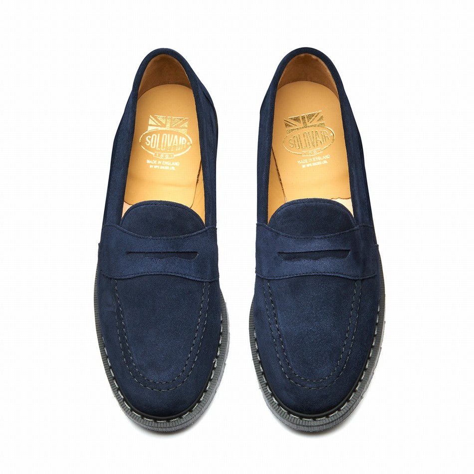 Women Solovair Suede Penny Loafers Navy | S0-970-BL-SUE-G-040