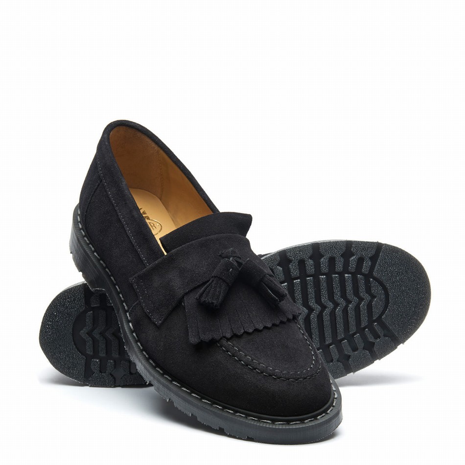 Women Solovair Suede Tassel Loafers Black | S0-1022-BK-SUE-G-040