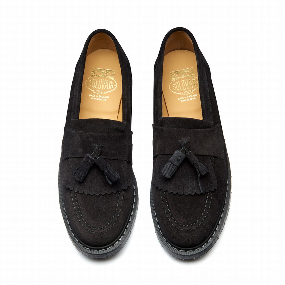 Women Solovair Suede Tassel Loafers Black | S0-1022-BK-SUE-G-040