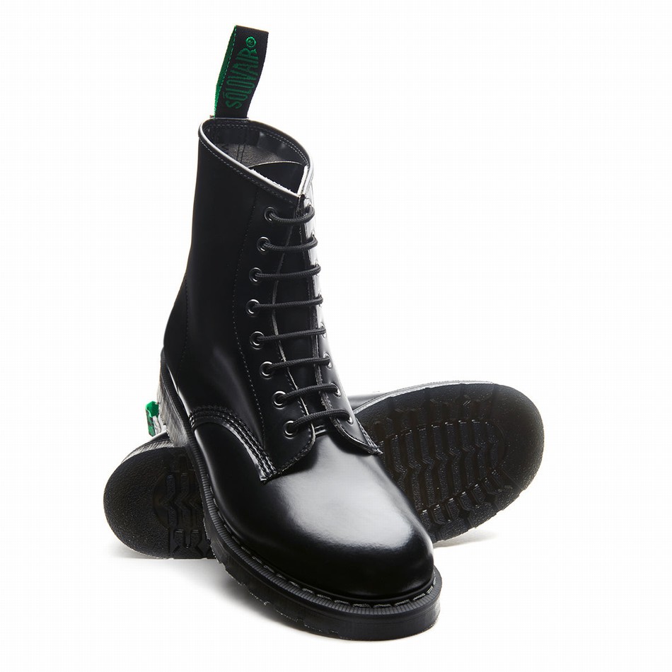 Women Solovair Vegan Hi-Shine 8 Eye Derby Boots Black | VS8-551-BK-SM-VEG-G-035