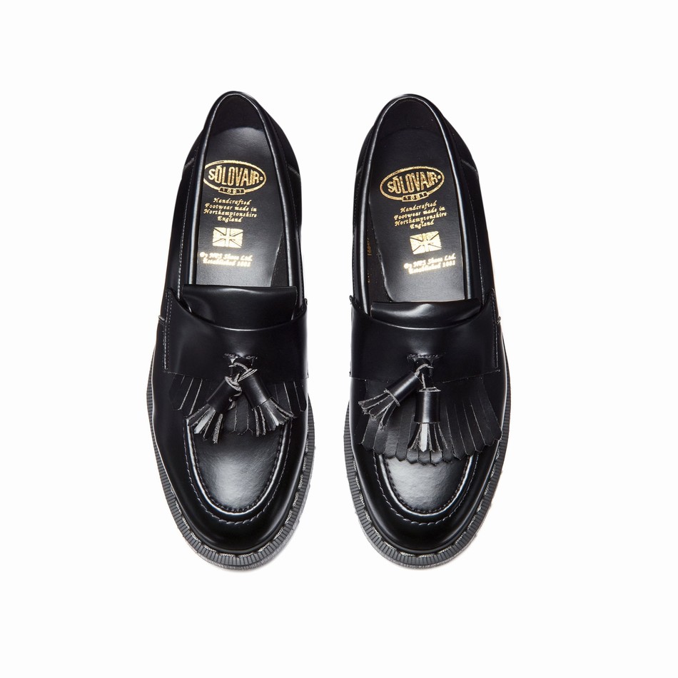 Women Solovair Vegan Hi-Shine Tassel Loafers Black | VS0-1022-BK-VEG-G-040